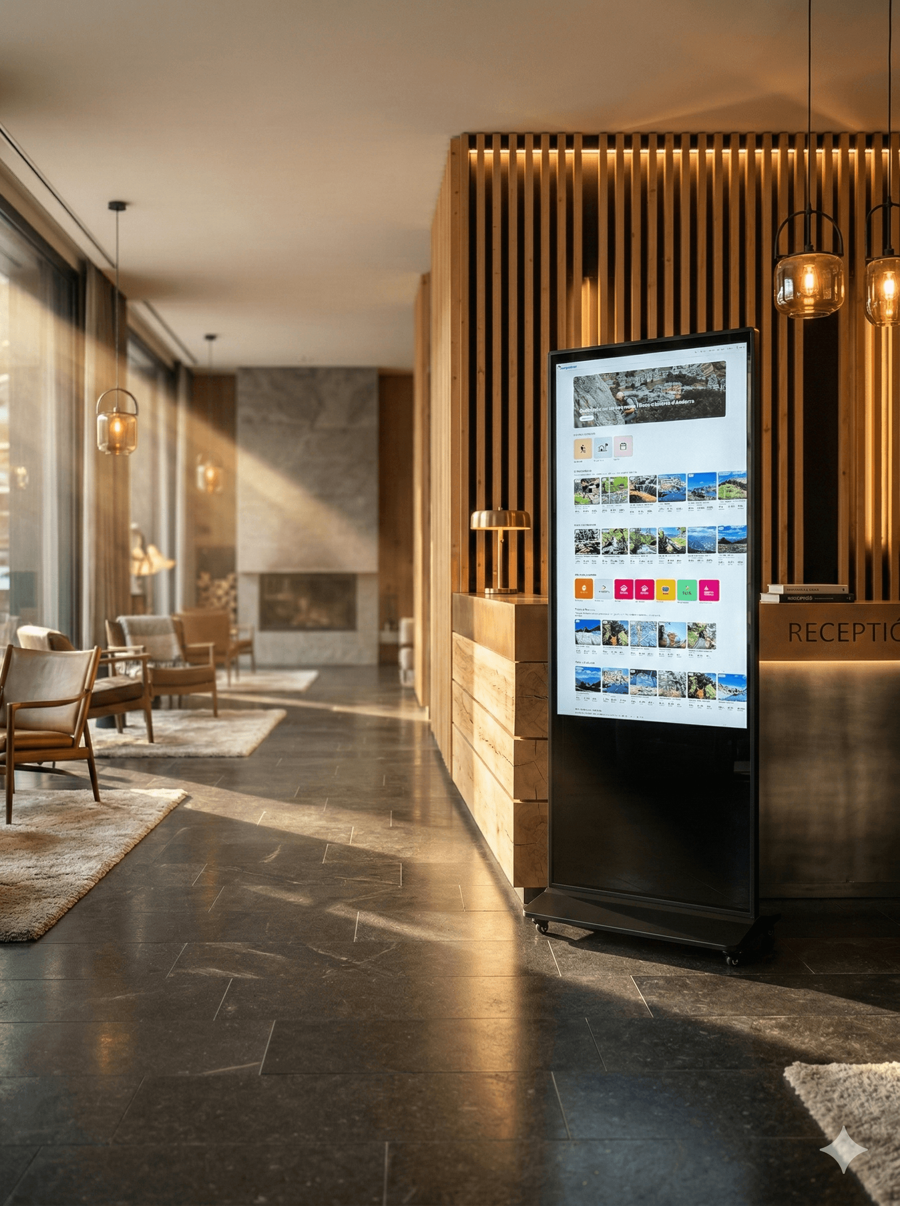 Tótem Montpackers Guest Experience instalado en la recepción de un hotel